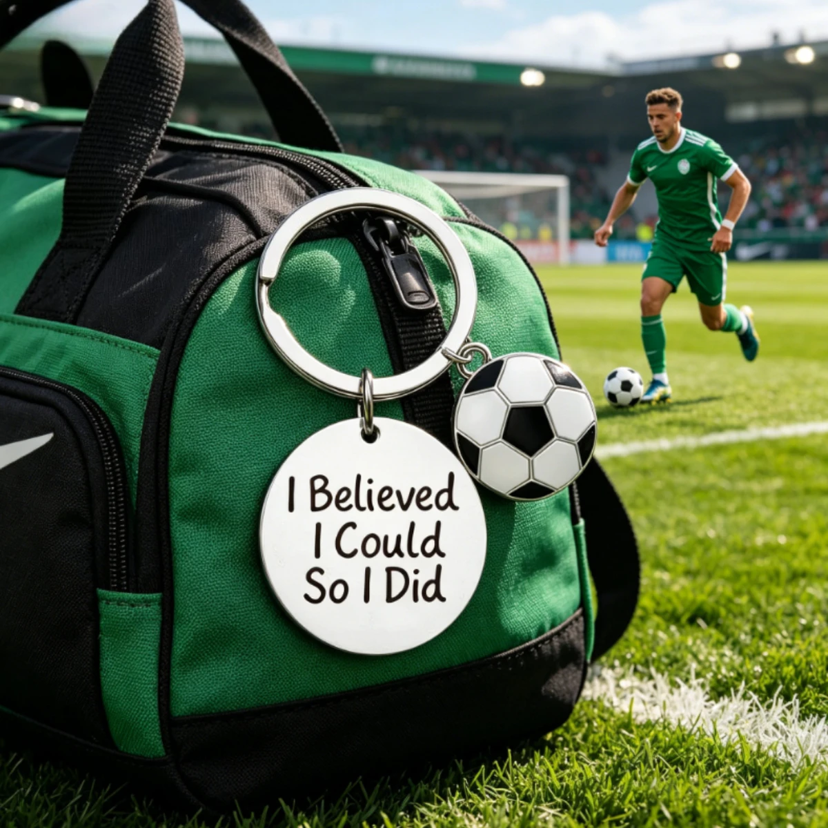 Soccer Keychain Stainless Steel Engraved Inspirational Quote Key Ring Mini Football Charm Fan Souvenir Gift