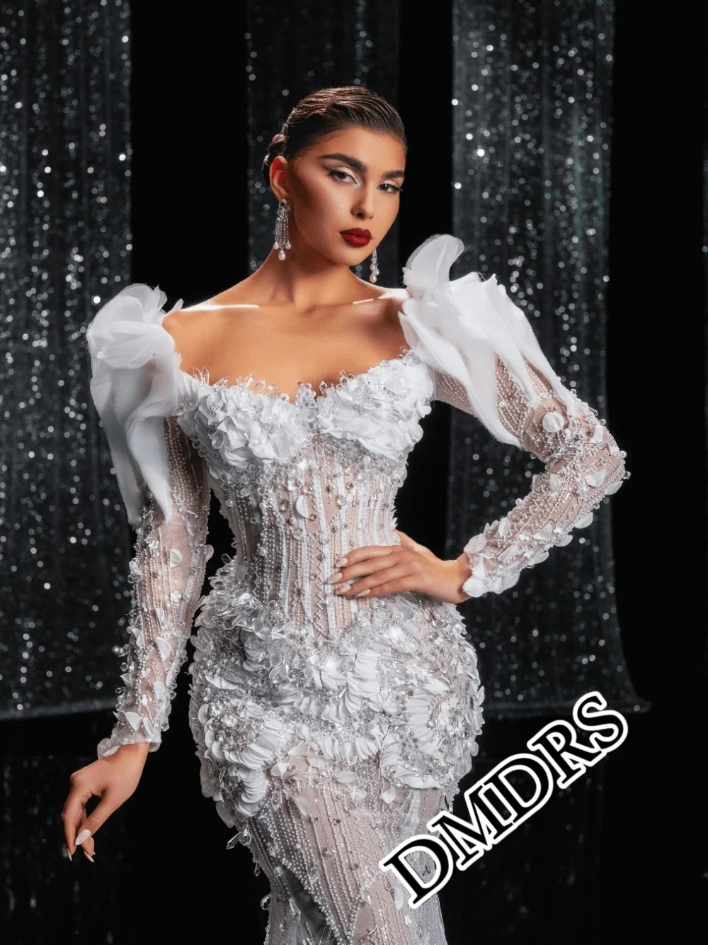 

DMDRS Elegant Long-Sleeved Wedding Dress Romantic Mermaid Beaded Bridal Gowns Charming Appliquéd Floor-Length Wedding Gowns