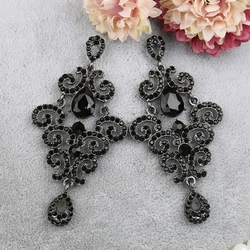 Luxury Jewelry Accessories Gothic Evening Glamour Long Big Chandelier Crystal Rhinestone Black Bold Statement Earrings for Women