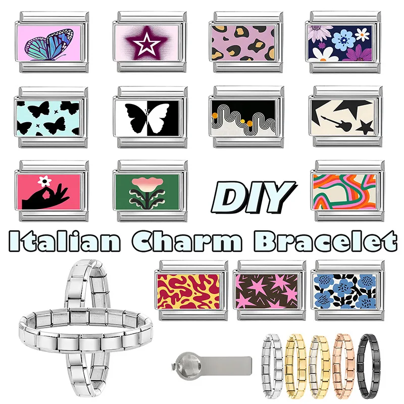 Wholesale Purple Star Butterfly Flower Guitar Heart Y2K Italian Charm Links Fit 9mm Stainless Steel Bracelet DIY Making Gift
