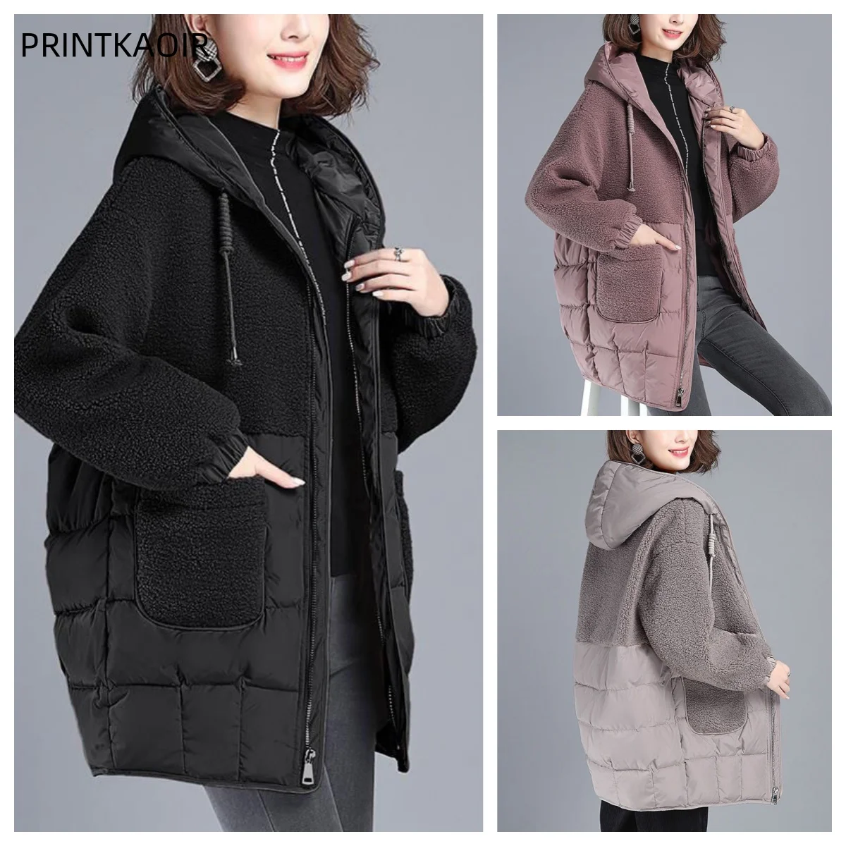 Women Padded Jackets Autumn Winter Hooded Outerwear Loos Down Cotton Jacket Mid-Length Lamb Wool Thick Coat Female