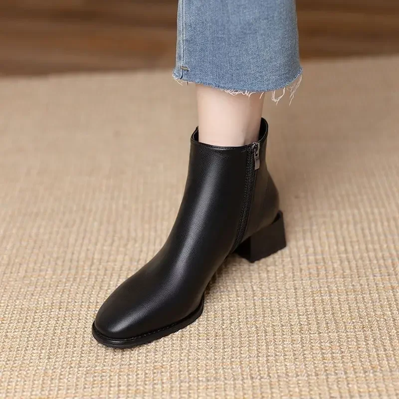 Women's Ankle Boots Soft Chunky Heel Plain Black Booties Large Size Warm Footwear Goth Trend 2025 Autumn Pu Female Short Shoes