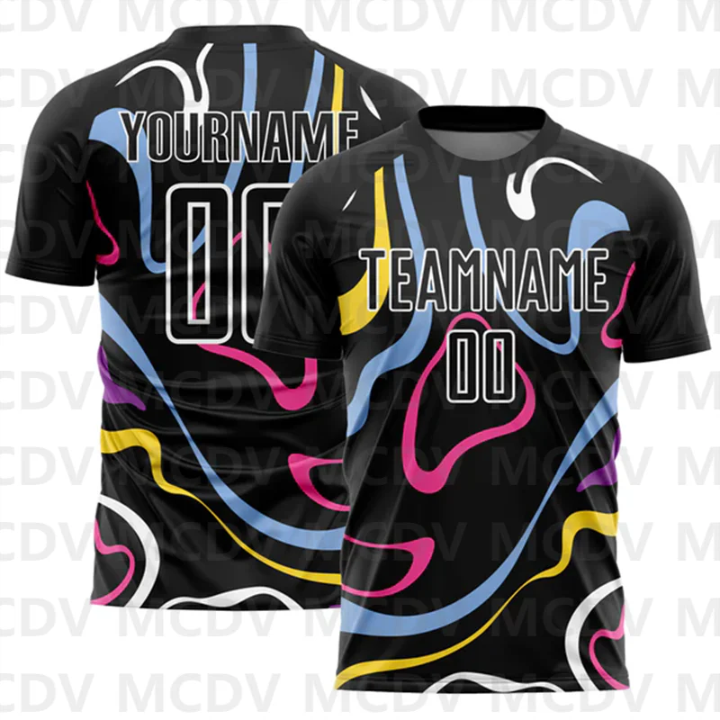 Custom Black Light Blue Fluid Shapes Sublimation Soccer Uniform Jersey Personlized Team name you name number T-Shirts