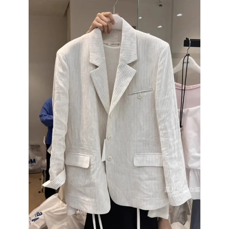 SuperAen Traje vintage a rayas para mujer Verano 2025 Algodón y lino Protección solar Abrigo suelto informal a medida