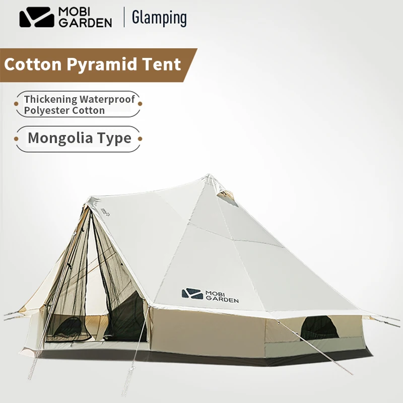 MOBI GARDEN Era260 UPF50+ Cotton Pyramid Camping Tent 5-6 Persons Large Space Waterproof Mongolian Tent With Bottom Wall Height