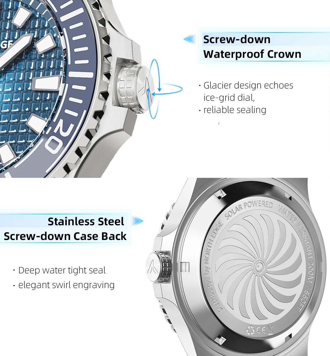 NORTH EDGE ABYSS Herren Quarzuhr Solarbetriebene Luxusuhr 200M Wasserdichte Taucheruhr 316L Stahlgehäuse 180+ Tage Energievorrat – Detail 13