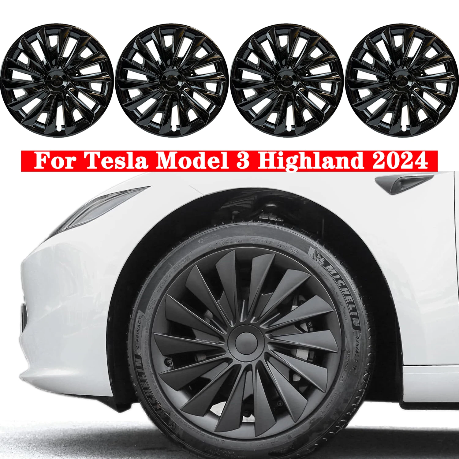 

4PCS Hubcaps For Tesla Model 3 Highland 2024, 18 Inch Sword Shadow Style Wheel Covers Hub Caps Replacement Rims Protector