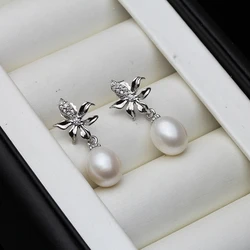 Pendientes de perlas naturales blancas de agua dulce para mujer, aretes de hoja de plata 925, joyería fina, regalo de aniversario para niña