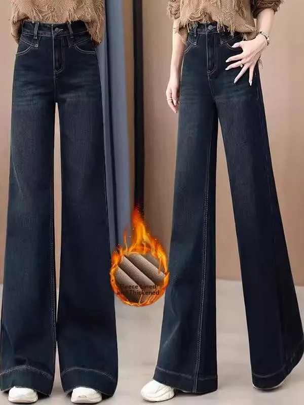 

Зимние женские свободные широкие джинсы Thiened Fce с высокой талией, прямой крой, длинные брюки-клеш, темно-синие джинсовые джинсы