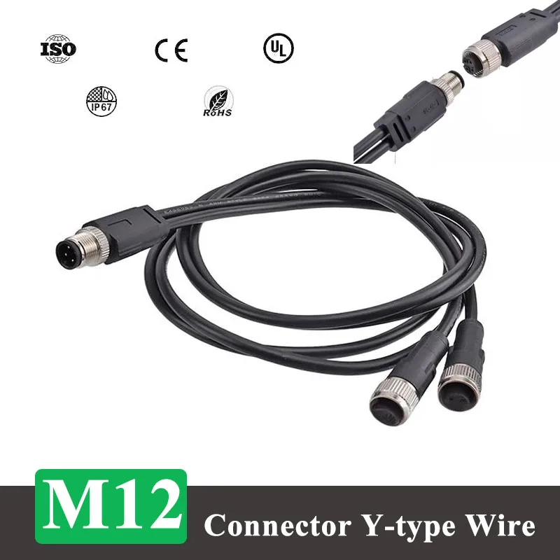 Waterproof Y-type M12 4 5 8 12 Pin Plug Wire Splitter 1 to 2 Male to Female Connector Cable Unshielded/Shielded Adpater Line