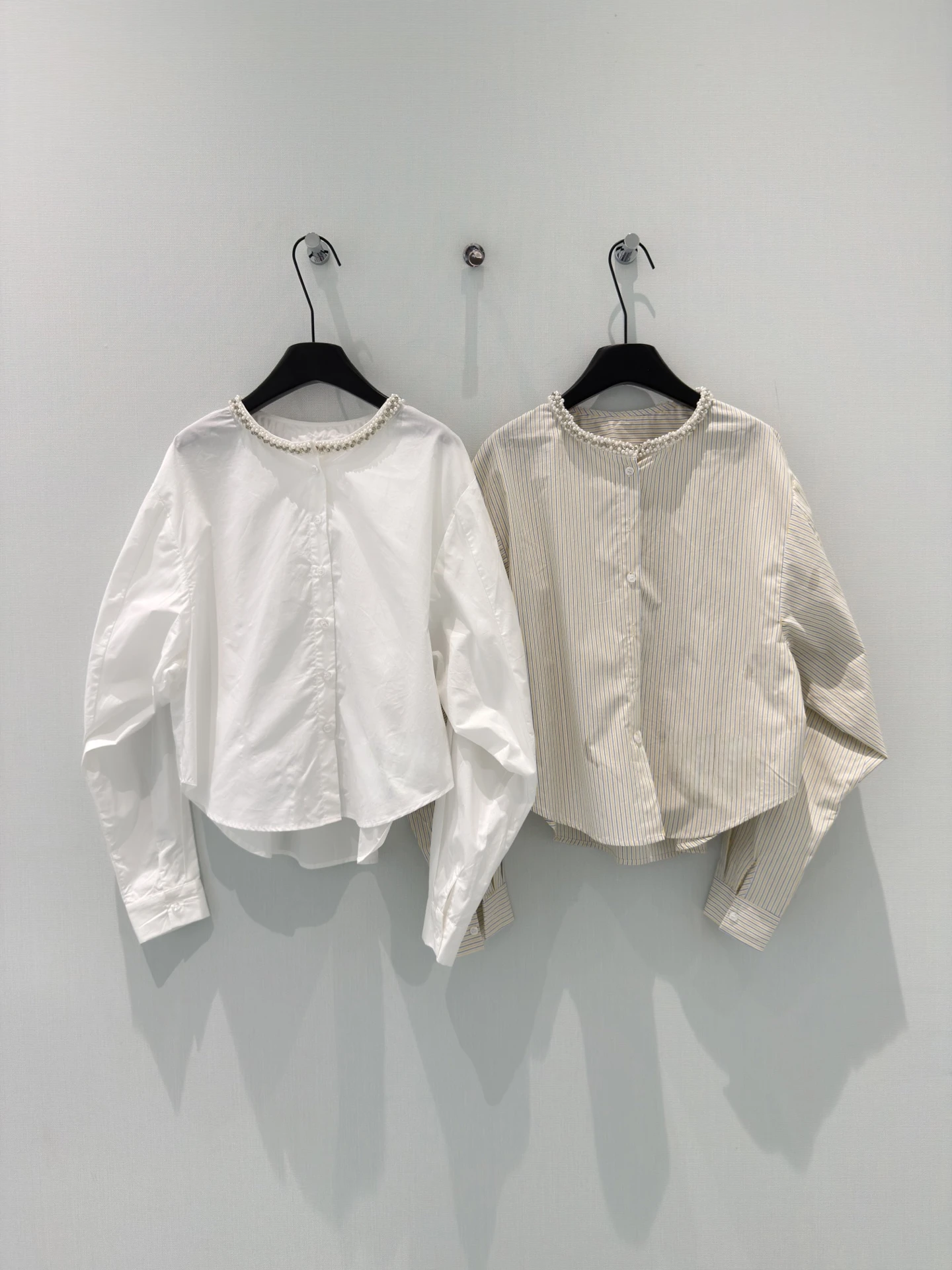 

New Women's Long Sleeve Embroidered Shirt Stand Collar Hand Beaded Wide Cut round Neck Fashionable Cotton Commute Style