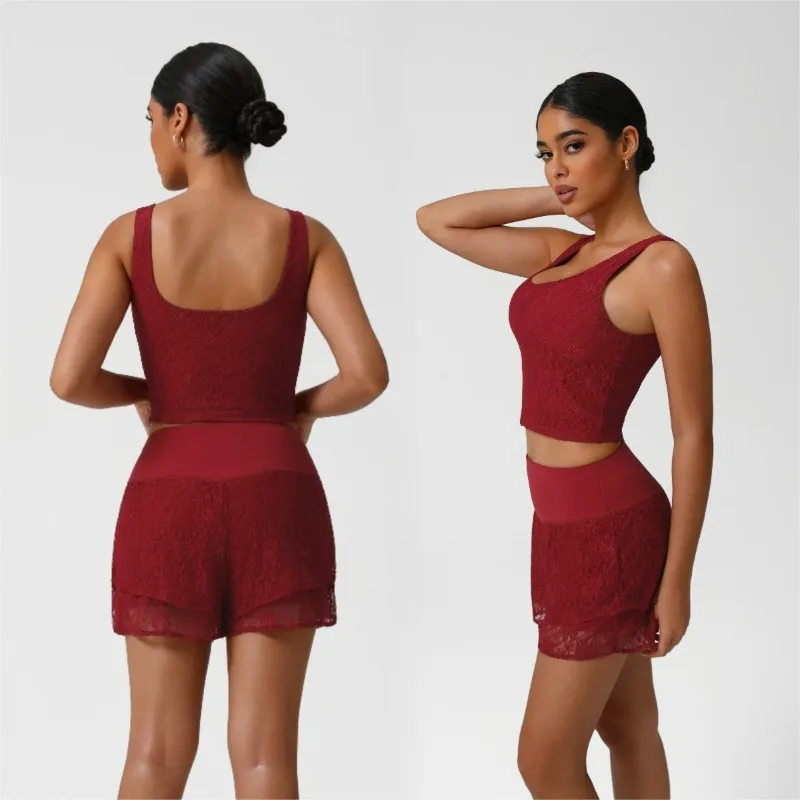 

Women's Yoga Suit Beautiful Back Nude Breathable Quick-drying Lace Suit Outdoor Sports Running Leisure Fitness Anti-light Set