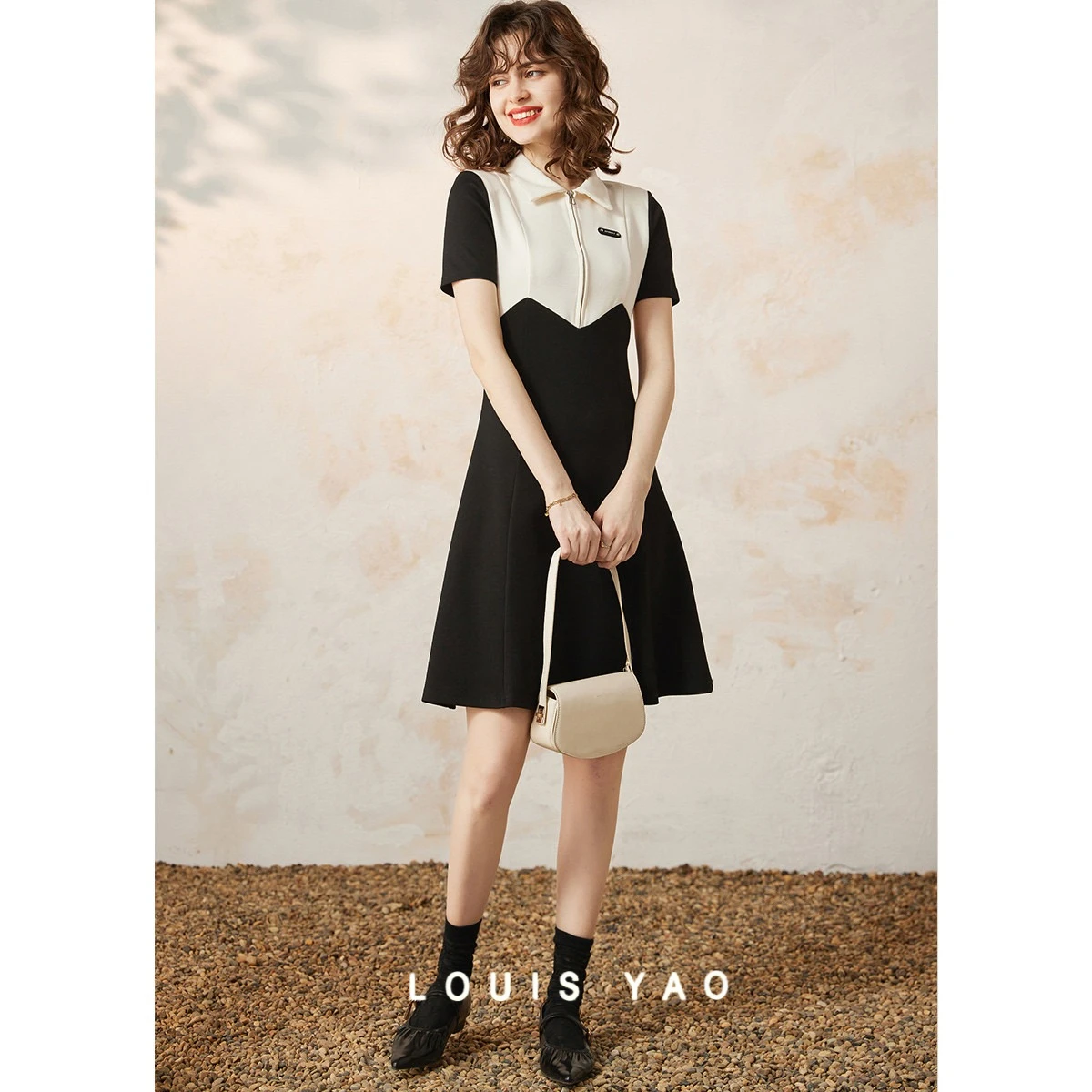 

Anti-aging Contrast Colours Splicing A-line Long Dress 2025 Summer Fashion Lapel Zipper Pullover Short Sleeved Women's Dress
