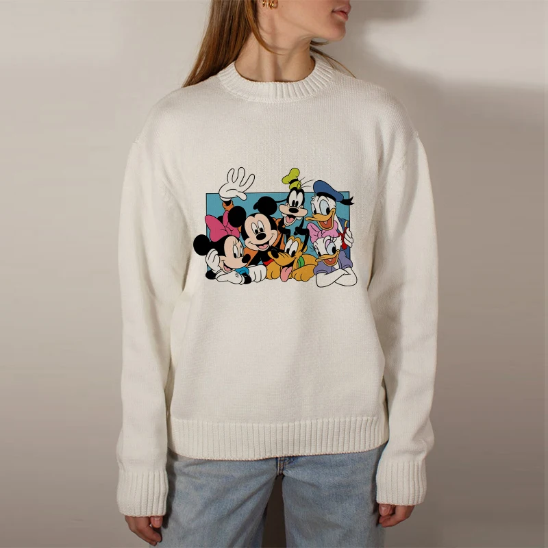 Disney Mickey Minnie Sweater Pullover Long Sleeve Knitted Women Top O Neck Female Jumper Autumn Winter Streetwear White Sweaters