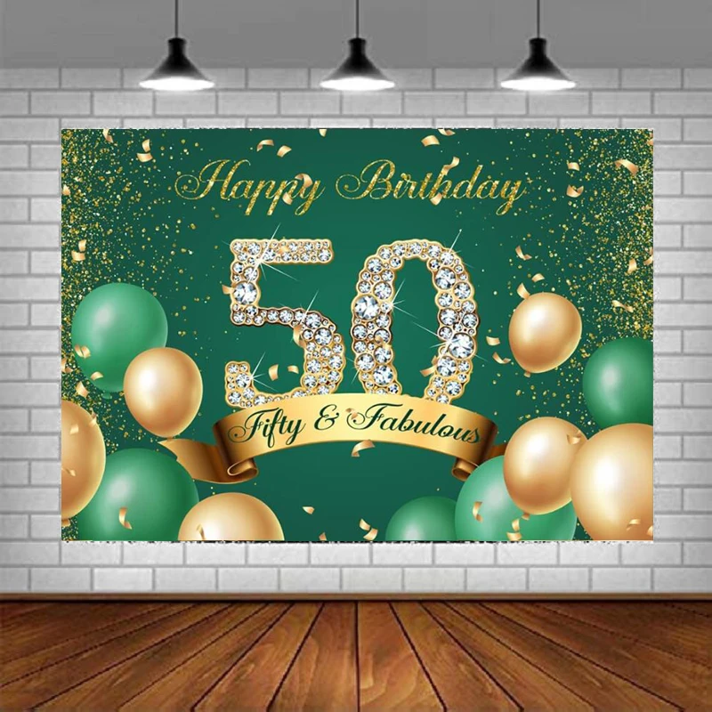 

50th Birthday Party Photography Backdrop Banner Green Glitter Army Green Gold Dots Women Men Wall Decor Gold Green Balloons