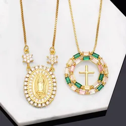 Copper CZ Crystal Virgin Mary Necklaces for Women Gold Plated Cross Necklaces Catholic Amulet Jewelry Gifts nkeb328