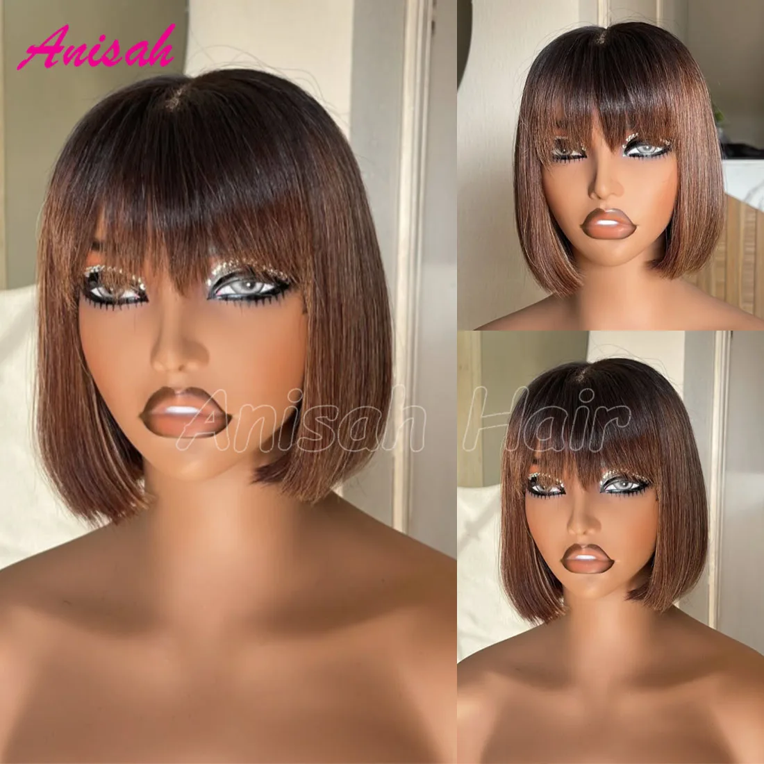 

Brazilian Straight Short Bob Human Hair Wigs with Bangs Ombre Colored Glueless Lace Front Human Hair Pixie Cut Wigs for Women