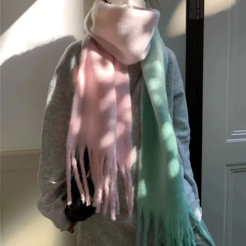 Korean Fashion Winter New Gentle Gradient Color Cashmere for Women Fluzzy Thick Warm Scarf  Big Shawl Scarf with Tassel Wraps