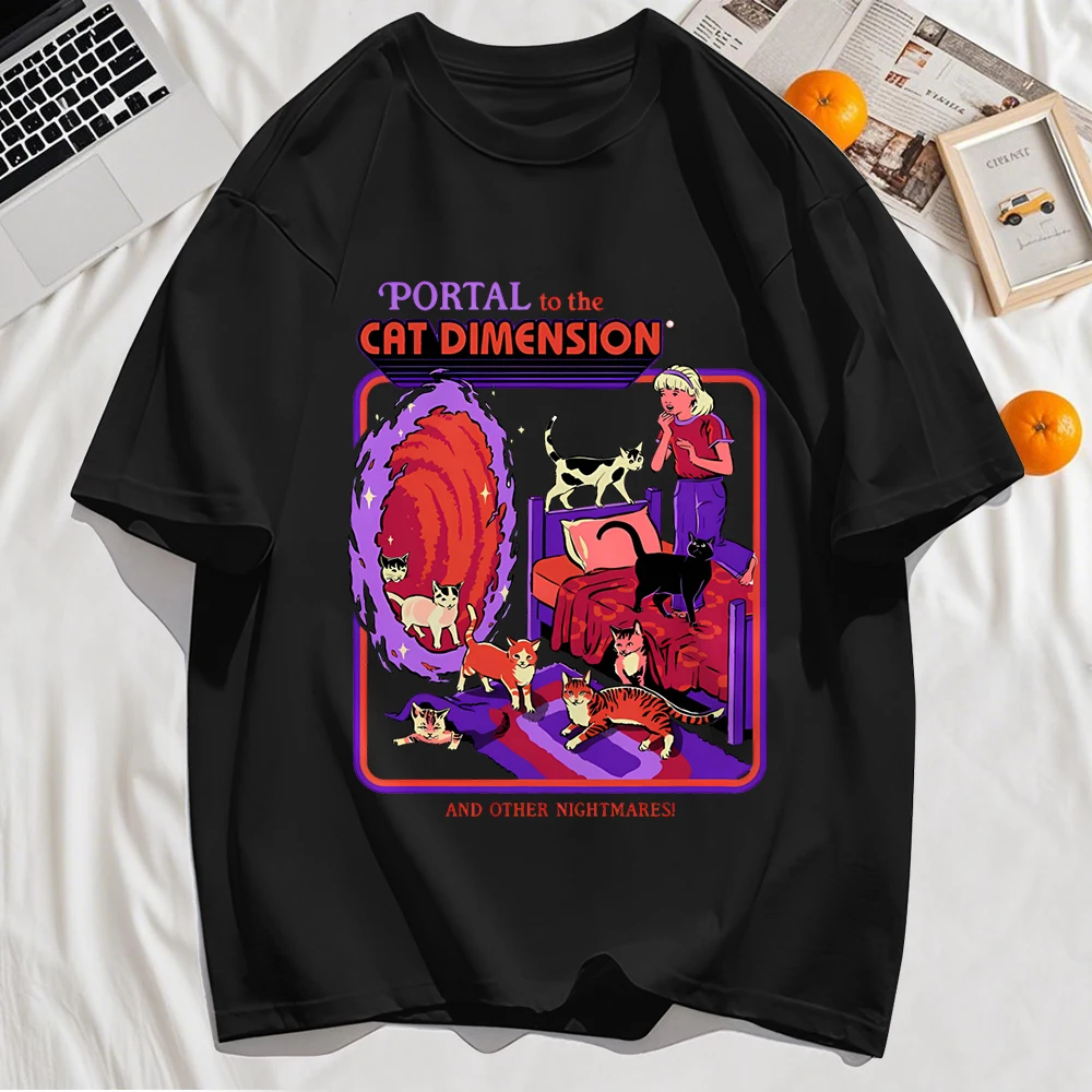 Portal To The Cat Dimension Print Mens Basics T Shirt Hip Hop All-Match T-Shirt Casual Cotton Clothes Unisex Loose Summer Tops
