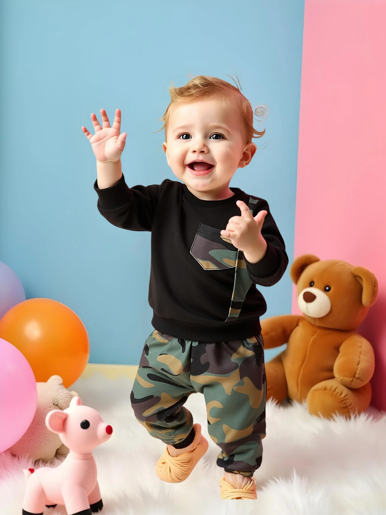 

Two piece spring and autumn baby boy fashion and handsome long sleeved round neck top and camouflage pants set