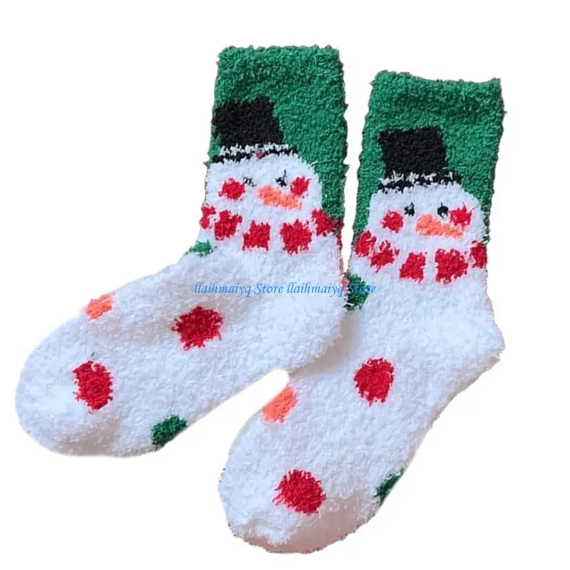 

573B Cozy Coral Fleece Slipper Socks with Cartoon Christmas Theme for Women Holiday Indoor Fuzzy Floor Socks Hosiery