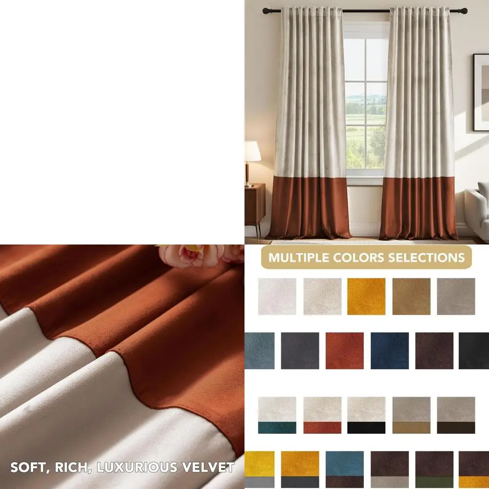 

Бархатные лоскутные шторы с термоизоляцией, звукоизоляционные и затемняющие, карман для стержня, 2 панели, овсянка/ржаржавчина, 52x108 для гостиной/кровати