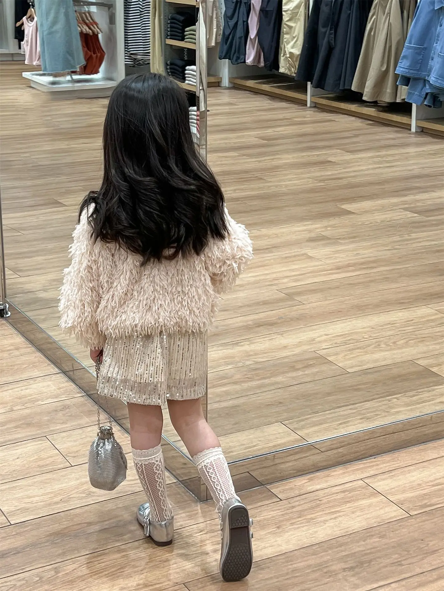 Childrens Sets Feather Long Sleeve Tops Sequin Skirt Fashion 2024 Autumn New Korean Style Childrens Two Piece Sets