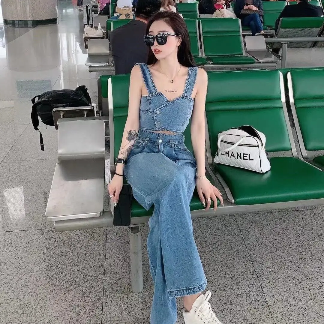 Summer Casual Women Sets Sling High Waist Wide Leg Women Jeans Style Top and Loose Straight Pant Female Outfits 2pcs Set A562