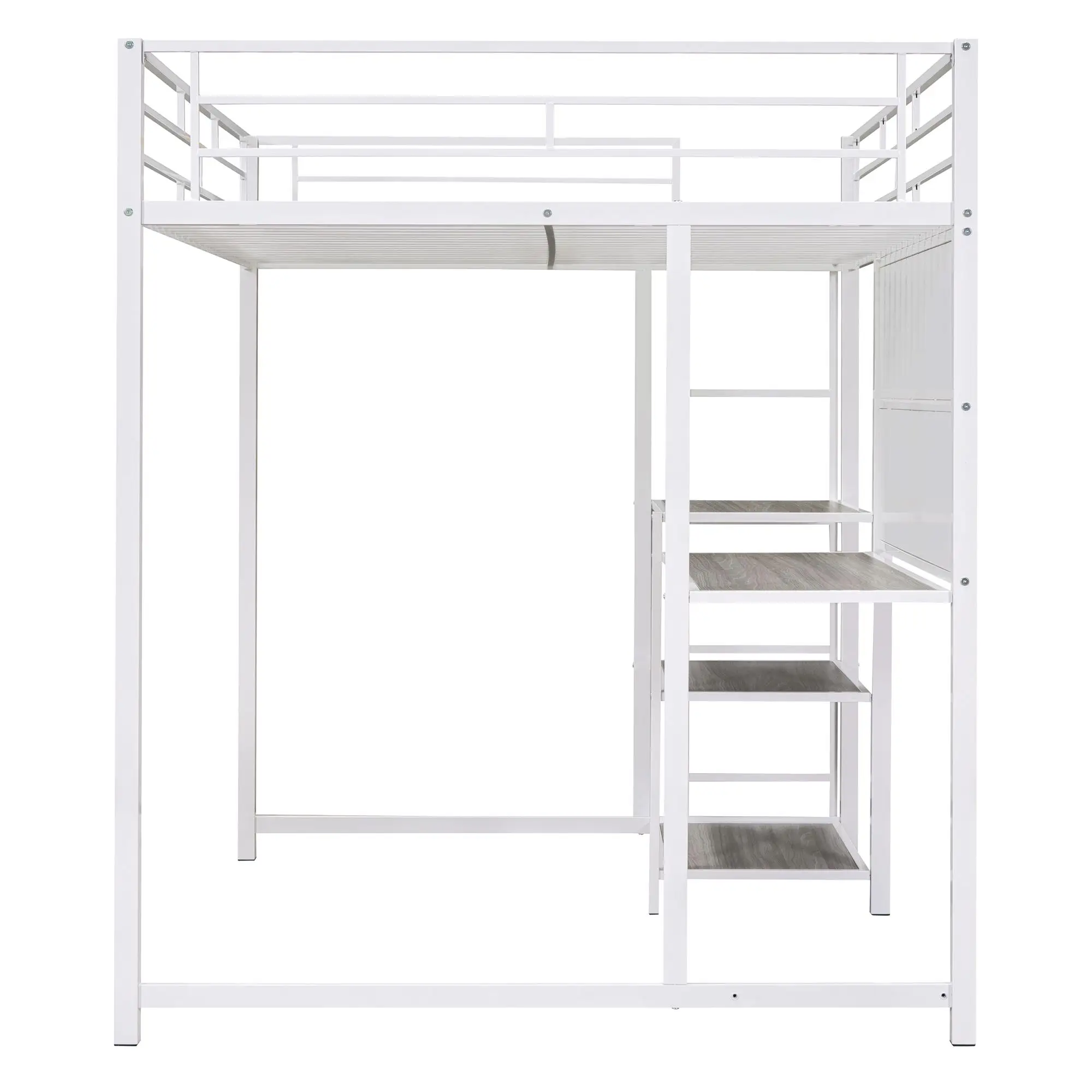 

White Metal Loft Bed with Desk & Whiteboard, 3 Shelves & Ladder - Space-Saving Design for Kids & Teens