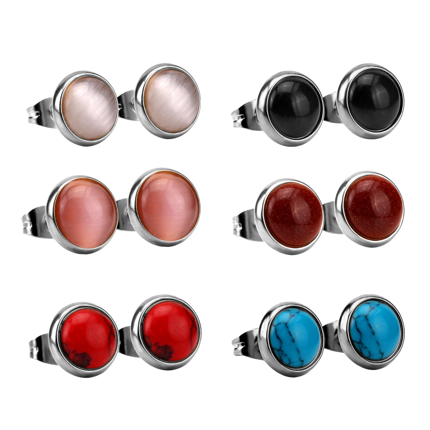 LUXUSTEEL 6Parirs Earring Sets Opp Eyes Stone Ear Studs For Women Men Golden Color Stainless Steel Classic Brinco Party Jewelry