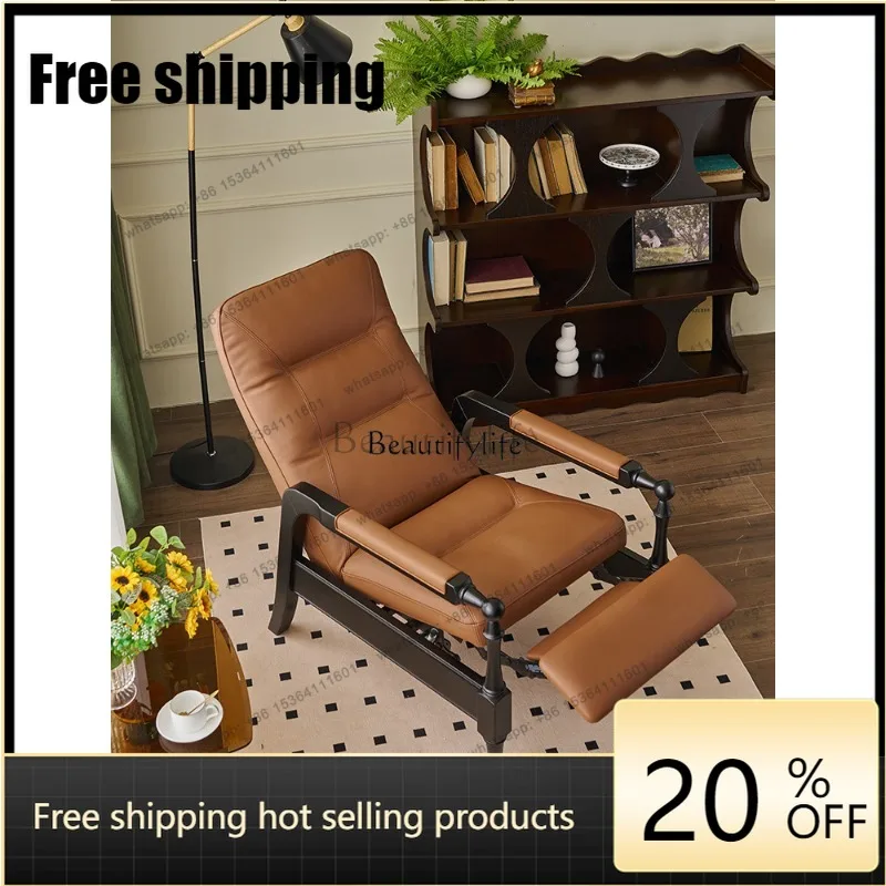 Customization Solid wood office chair multi-functional first layer cowhide recliner folding lunch break retro