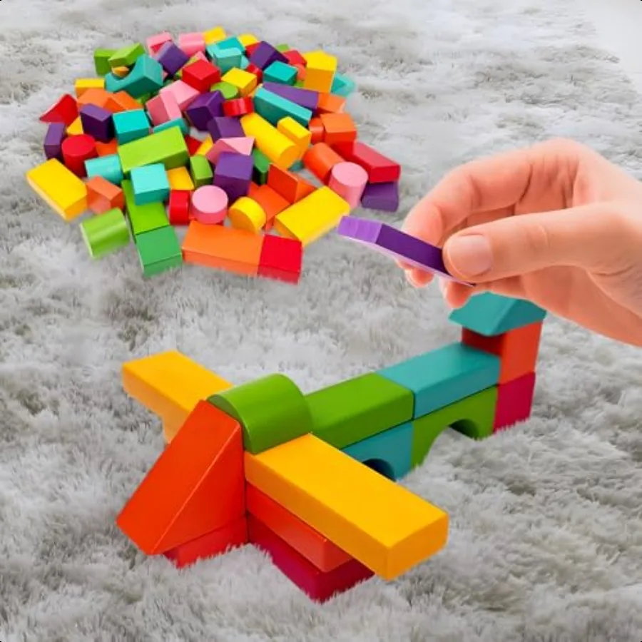 Cheardia 100 Pack Wooden Building Blocks Standard Colored Natural Blocks with Storage Bag for Playing Parties Hands on Indoor A