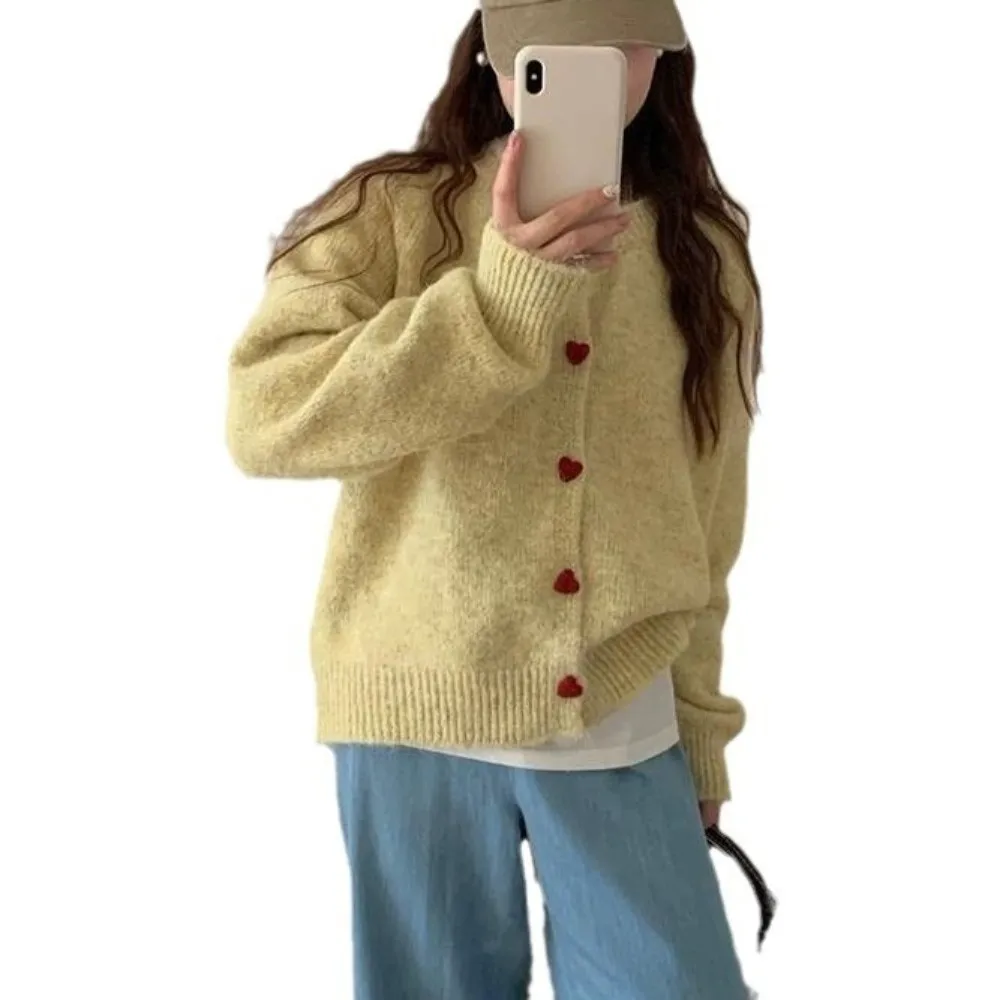 

New Warm Knitted Cardigan Love Buckle Round Neck Casual Tops Slim Sweater Autumn Winter