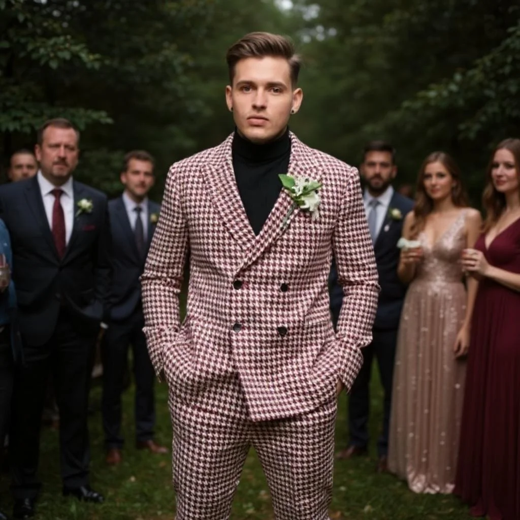 Double Breasted Houndstooth Suits for Men Wedding Groom Tuxedo Slim Fit 2 Pieces Fashion Check Male Suit Set Jacket with Pants
