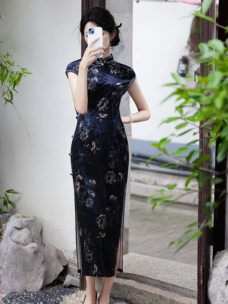 

Женское платье Cheongsam, женские улучшенные осенние велюровые платья Hanfu, ретро китайский бархатный ципао с воротником-стойкой