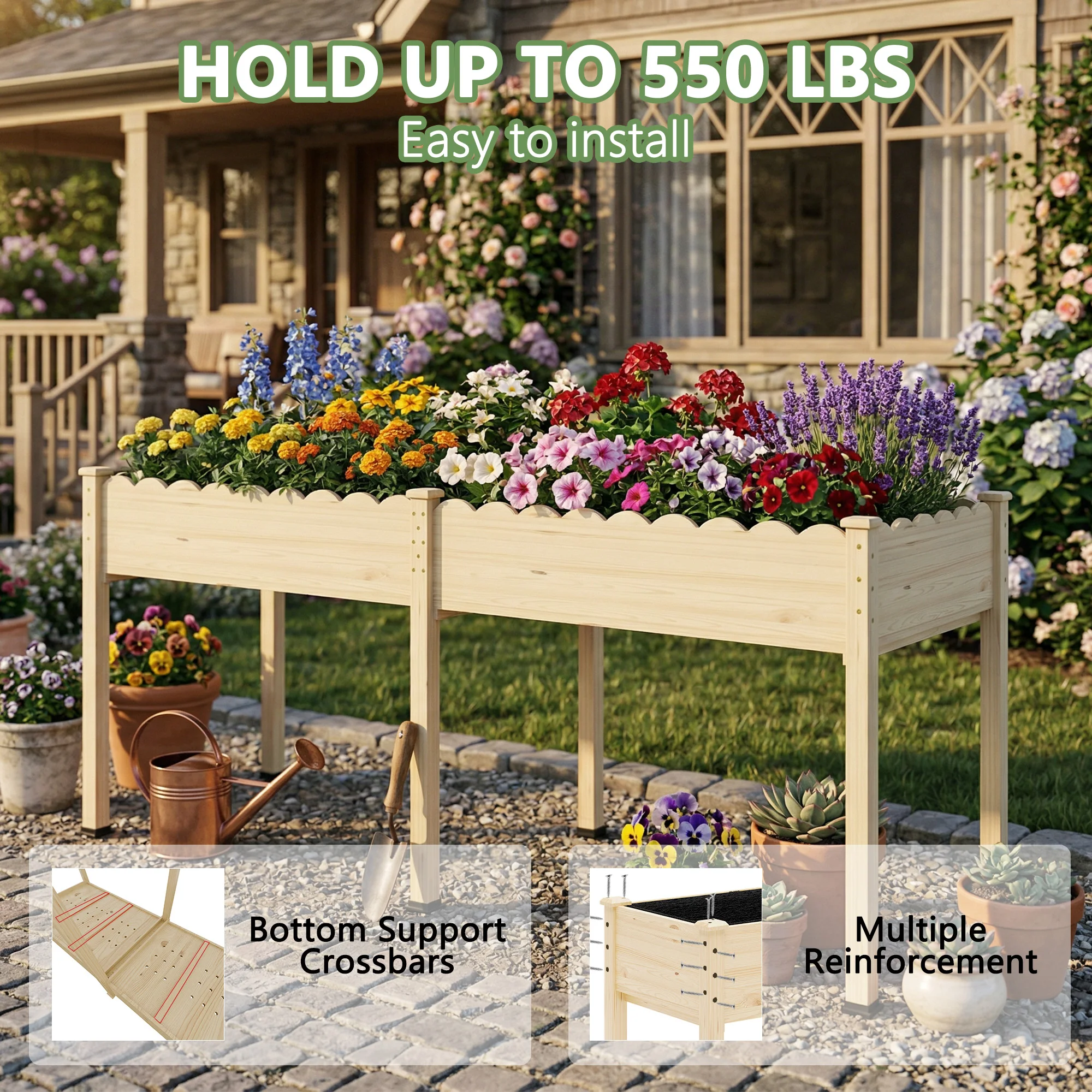 Wooden Raised Garden Bed Elevated Planter Box with Flower Box Shelf Outdoor Plant Vegetable Herb Bed for Balcony Garden view 4