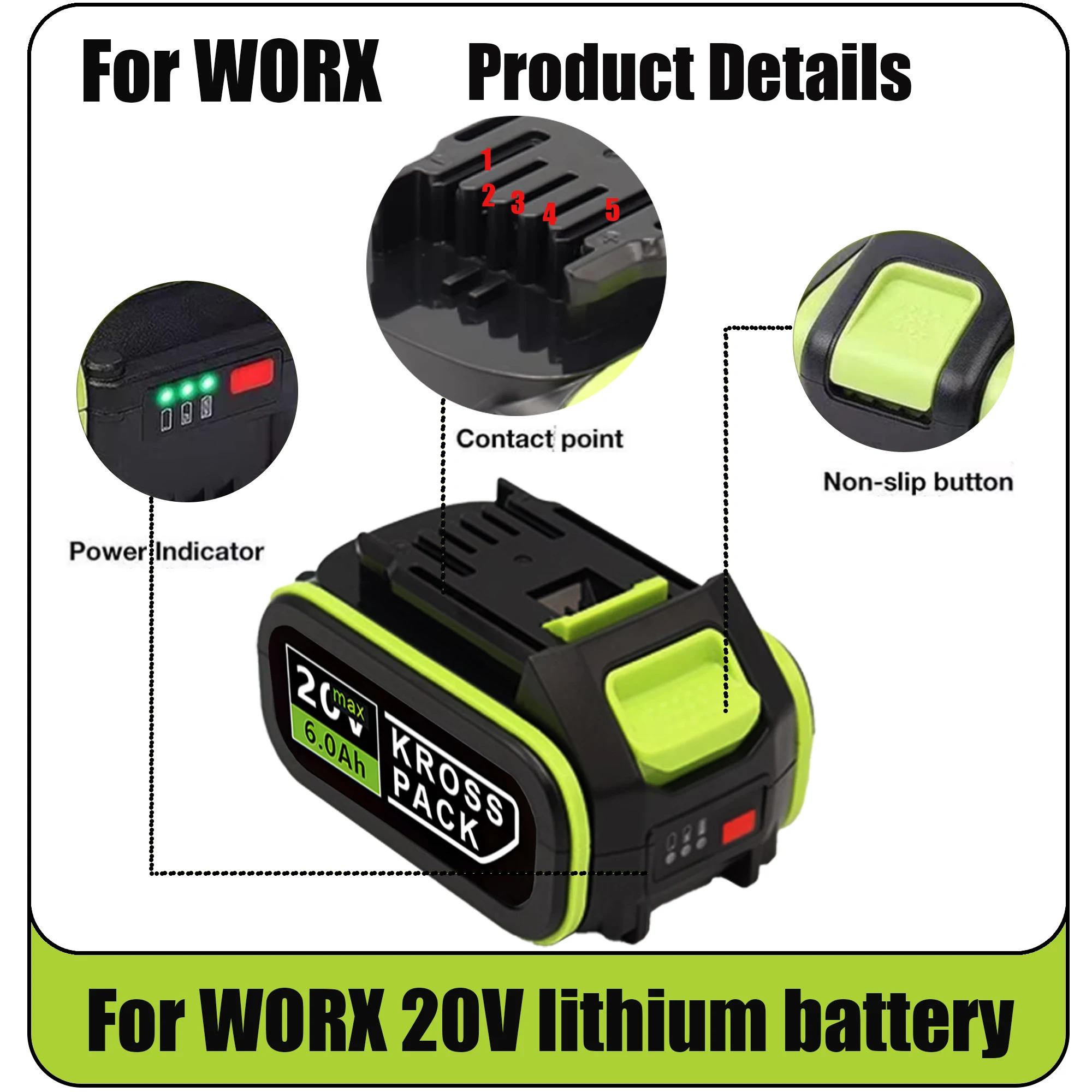 Horká baterie pro WORX WA3520 6000mAh/8000mAh Li-ion pro nářadí Dewalt pro WORX 5pin WA3525 20V akumulátorové nářadí - náhled 5