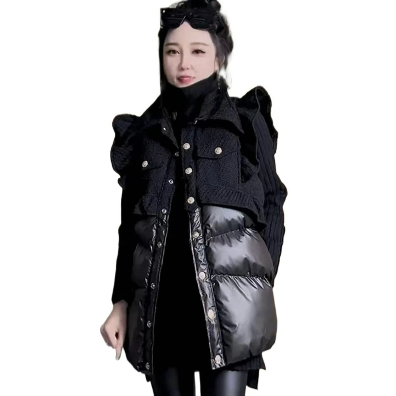 

New Style Fashionable Elegant Patchwork Small Flying Sleeve Ruffled Vest Women's Winter Loose Sleeveless Coat with Cotton Lining