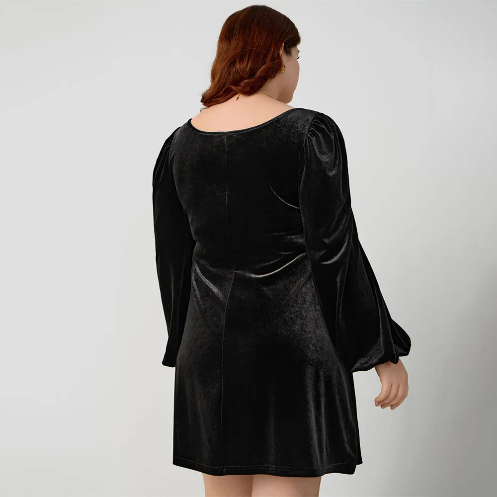 Plus Size Frauen elegante Kleider Vierkant Hals Samt Laterne Ärmel Temperament Abendkleid einfarbige Mode Party kleider