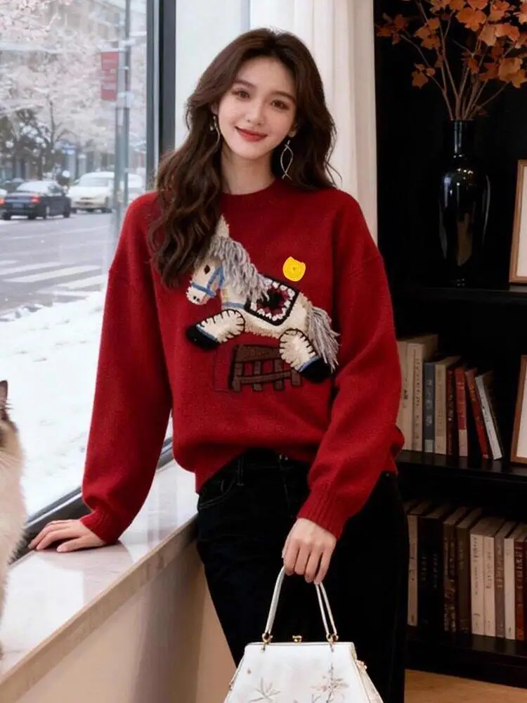 

Red Embroidered round Ne Knitwear Women's Winter New Year's Top Soft Coolmax Fiber Long Sve Loose Fit Commute Sle