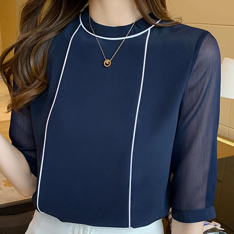 Blusa De gasa azul con cuello redondo para Mujer, camisa De manga corta, Moda De verano