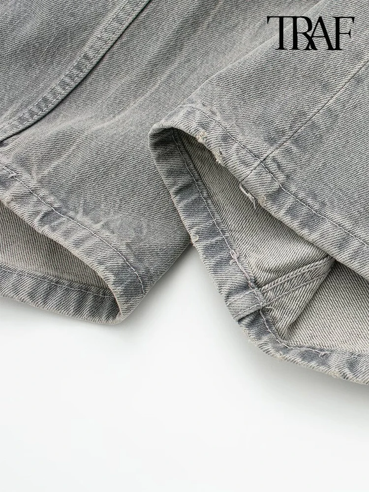 TRAF  กางเกงยีนส์ผู้หญิงสไตล์วินเทจ, กางเกงยีนส์แฟชั่นแบบประกบกันตกแต่งกางเกงขาม้านุ่มใส่สบาย