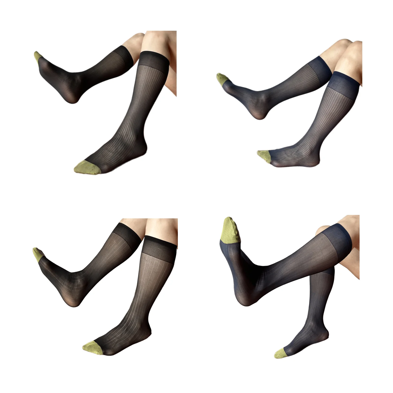 

Мужской комплект носков для торжественных случаев с желто-зелеными вставками: черные/темно-синие тонкие широкие полоски, 4 пары в наборе.