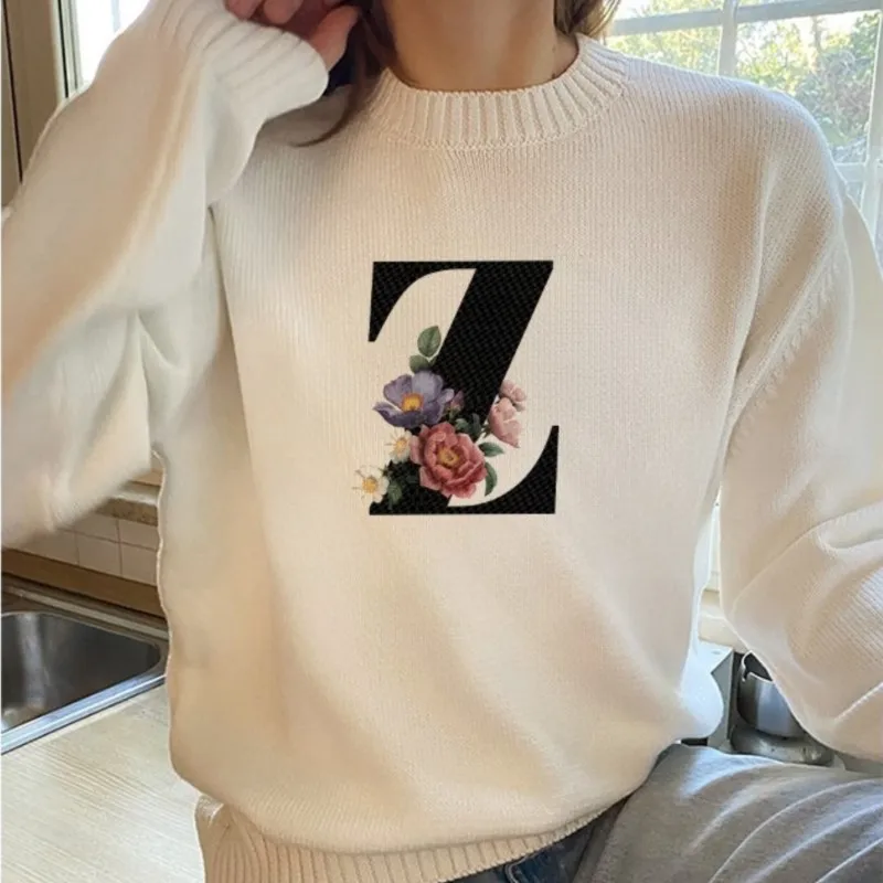 Knit Women's Casual Sweatshirts 2024 Spring New O-neck Loose Long Sleeve Tops For Woman 26 Letters Name Solid Pullovers Female