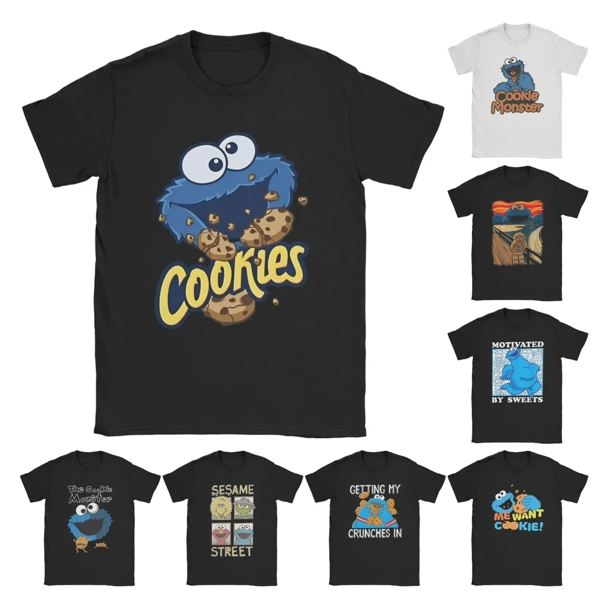 Sesame Streets Cookie Monster T Shirt Men Cotton Fun T-Shirts Crew Neck Cartoon 80s TV Series Tee Short Sleeve Clothes