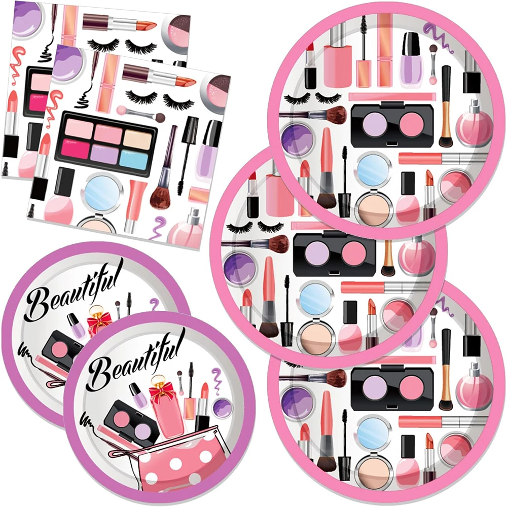 Spa Make-up Party-Zubehör, Tischgeschirr, Pappteller, Becher, Servietten, Luftballons für Mädchen und Frauen, Kosmetik-Geburtstagsparty-Dekoration – Detail 5