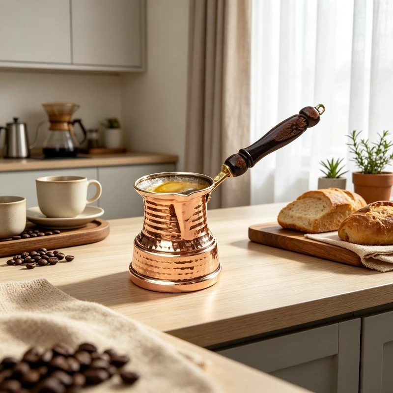 Turkish Copper Coffee Pot Brewer Kettle Maker Handmade Stovetop Thick Wooden Grip Heatproof Durable Unique Home Kitchen Gift