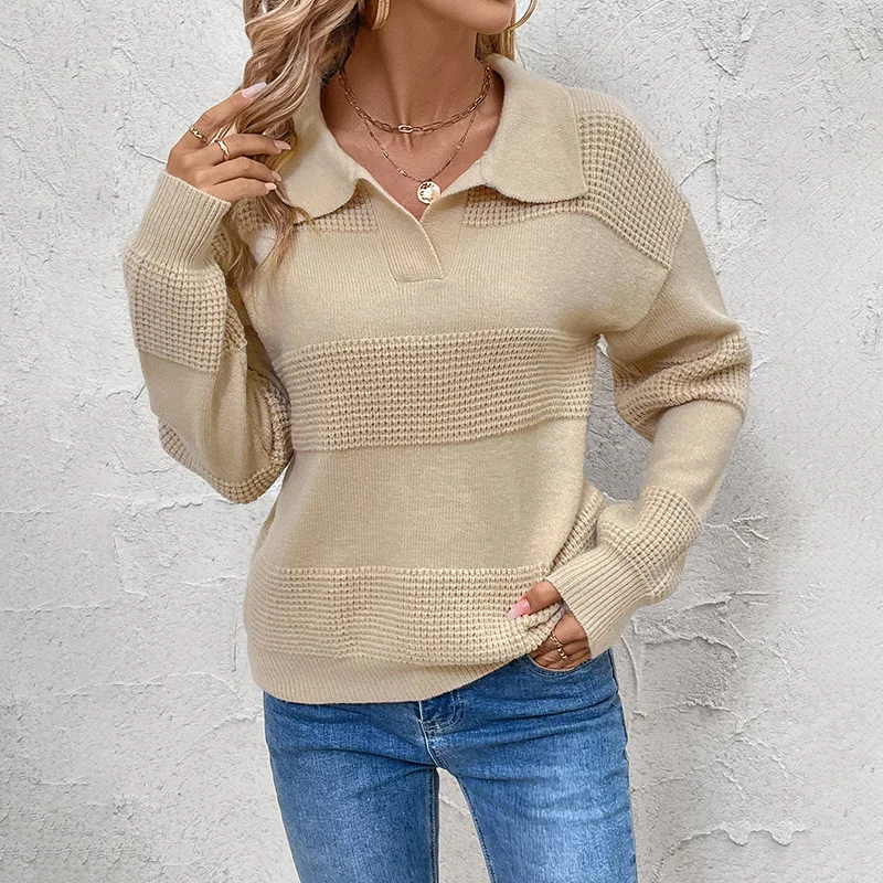 

Женский однотонный трикотаж, свитер с длинными рукавами и лацканами, осенняя мода, европейско-американский стиль, независимый сайт