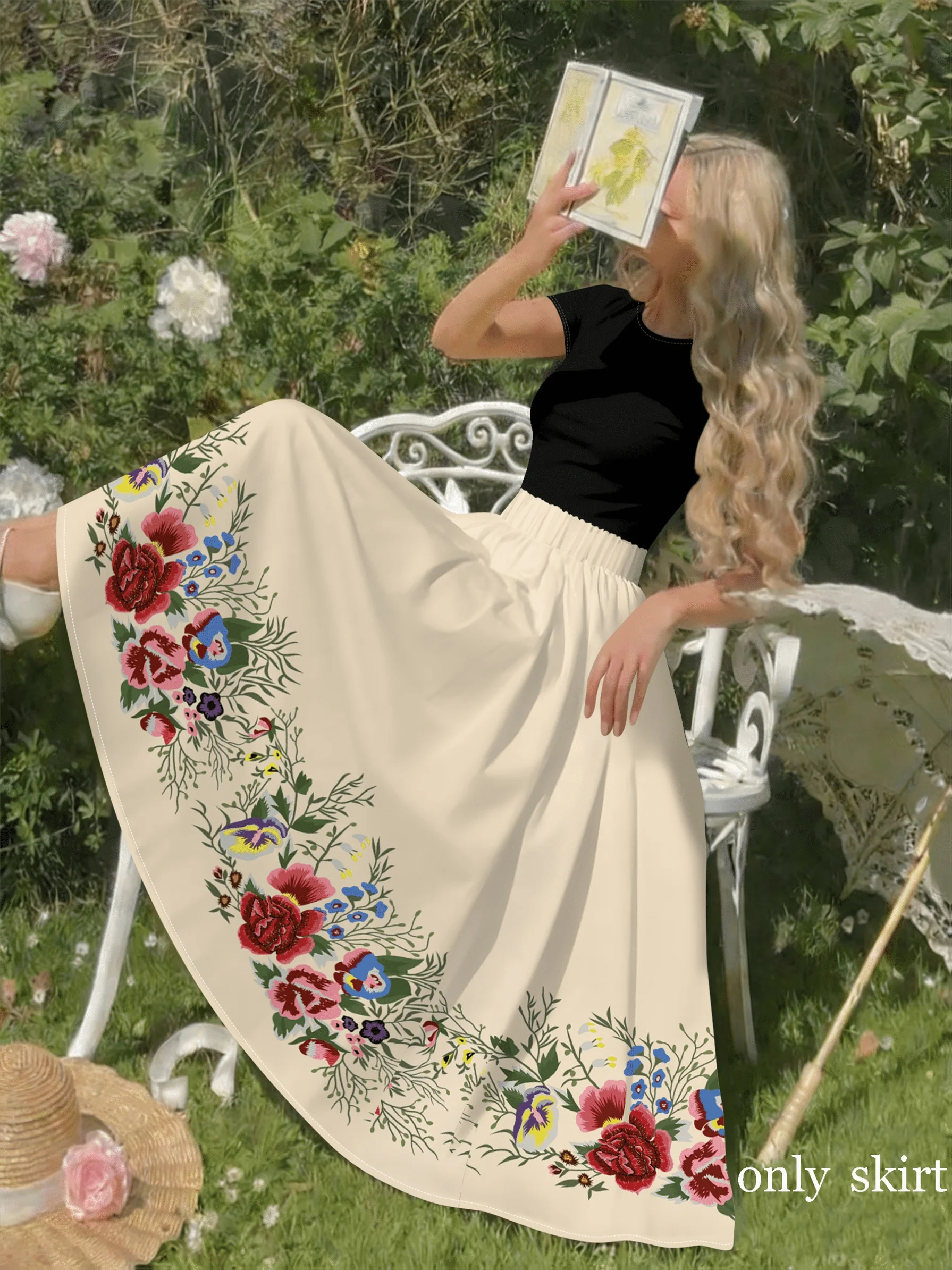 Printed Design Casual Cream Base Side Vintage Colorful Floral Elastic Waist Flared Maxi Skirt