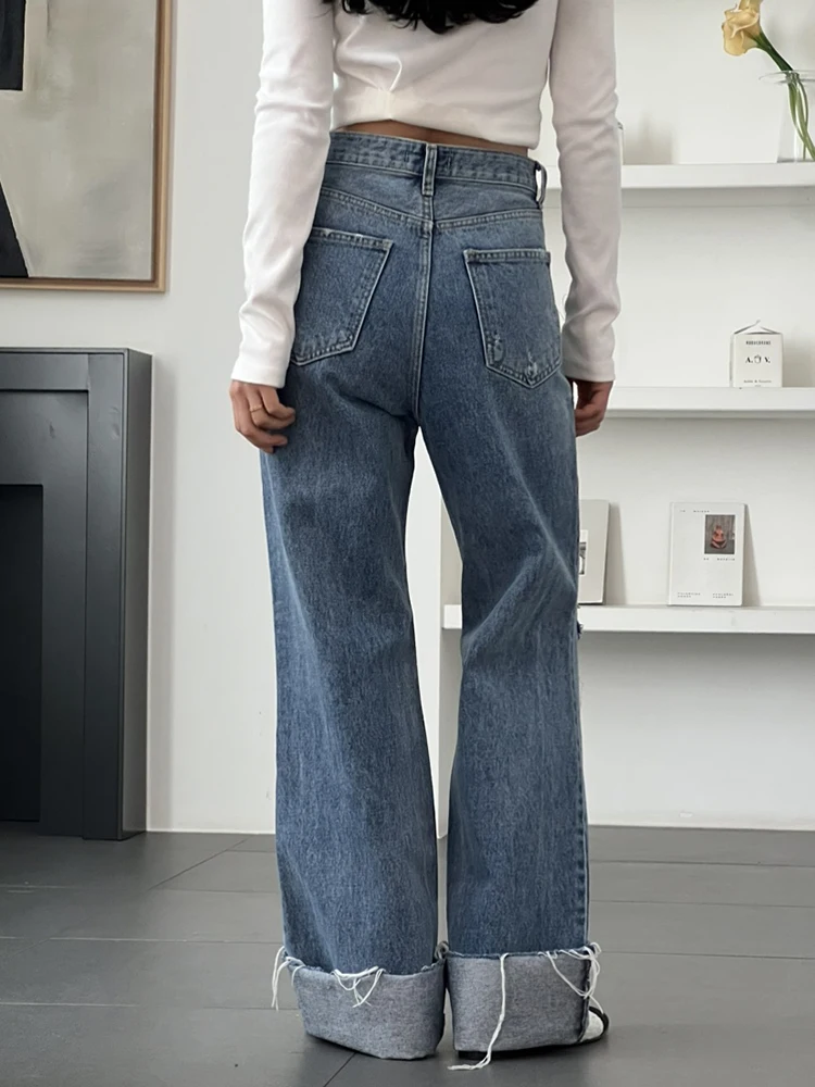 Vintage Women's Ripped Mid Waisted Boyfriend Jeans Loose Fit Distressed Long Denim Pants Holes Wide Leg Straight Jeans Female